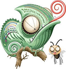 Chameleon Funny Cartoon Character regardant la mouche confuse