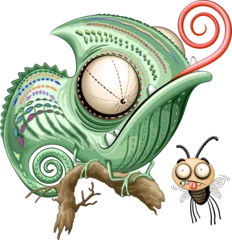 Photo sur Plexiglas Dessiner Chameleon Funny Cartoon Character regardant la mouche confuse