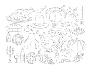 Thanksgiving icons in doodle style. Vector set of hand drawn autumn elements with roast turkey, cartoon pumpkin food, corn, wine, candles, pilgrim hat, pie. Happy Thanksgiving day. Harvest festival.