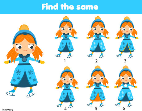 Children educational game. Find two same pictures of cartoon winter girl on skates