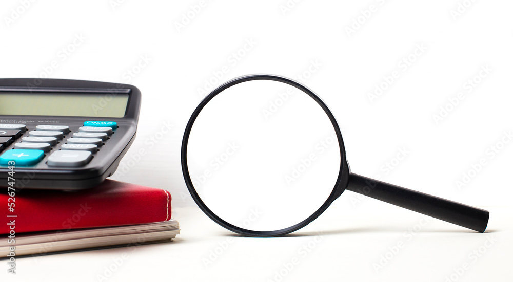 Poster office desk with notepads, black calculator, pen and magnifying glass with space to insert text. sid