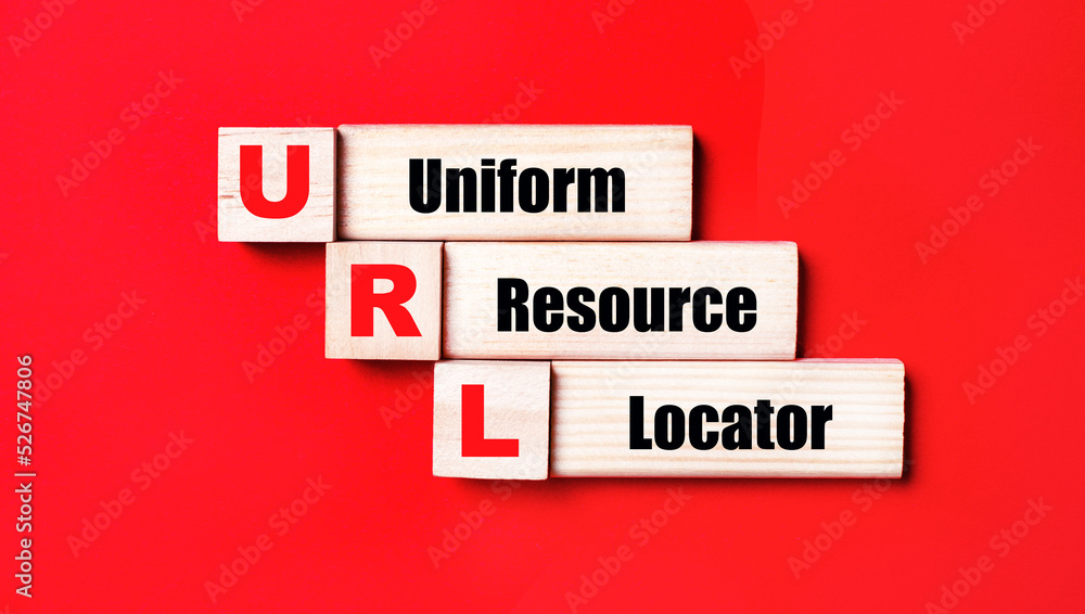 Poster on a bright red background, wooden cubes and blocks with the text url uniform resource locator. manu