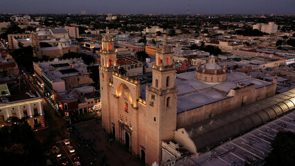Aerial camera at night showing the front of the Cathedral of Merida, Yucatan, Mexico.
