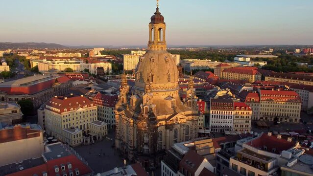 Frauenkirche Dresden at Sunset (aerial)