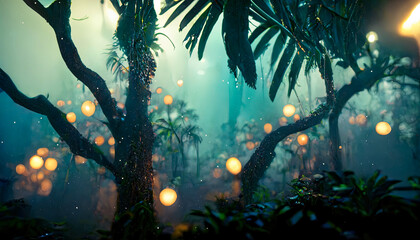 Fantasy dark tropical exotic forest, jungle. Grass, moss in lemu, sunlight, shadows, forest magic. 3D illustration. - obrazy, fototapety, plakaty