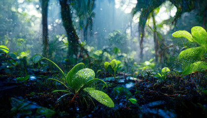 Fantasy dark tropical exotic forest, jungle. Grass, moss in lemu, sunlight, shadows, forest magic. 3D illustration.