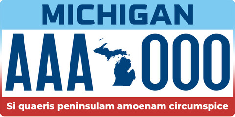 Vehicle license plates marking in Michigan in United States of America, Car plates. Vehicle license numbers of different American states. Vintage print for tee shirt graphics,sticker and poster