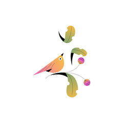 Little Bird Sitting on Beautiful Blooming Flowers and Foliage Vector Illustration. Animal and Flora Blossom