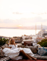 Elegant Bride On Sunset Istanbul City Background