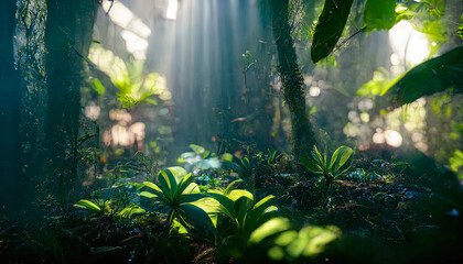 Fantasy dark tropical exotic forest, jungle. Grass, moss in lemu, sunlight, shadows, forest magic. 3D illustration.