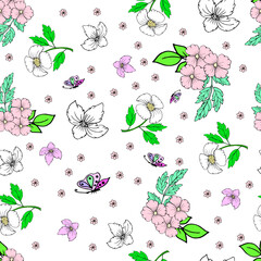 Vector seamless pattern with flowers and butterflies of doodles. Floral background in hand drawn childish style. Ornamental decorative illustration for print.ai