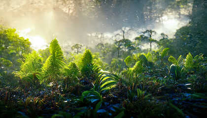 Fantasy dark tropical exotic forest, jungle. Grass, moss in lemu, sunlight, shadows, forest magic. 3D illustration.