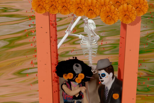 man and woman with painted face of the dead catrin and catrina sailing in a canoe also called trajinera dressed with orange flowers called Cempasúchil in day of the dead Mexico