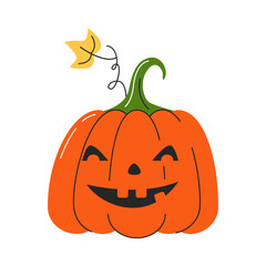 Halloween pumpkin concept design. Jack lantern is holiday traditional symbol. Vegetable with carving evil smiling face. Cute spooky character. Hand drawn flat vector illustration isolated on white