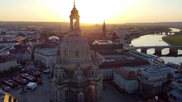 Frauenkirche Dresden and Elbe river at Sunset (aerial)