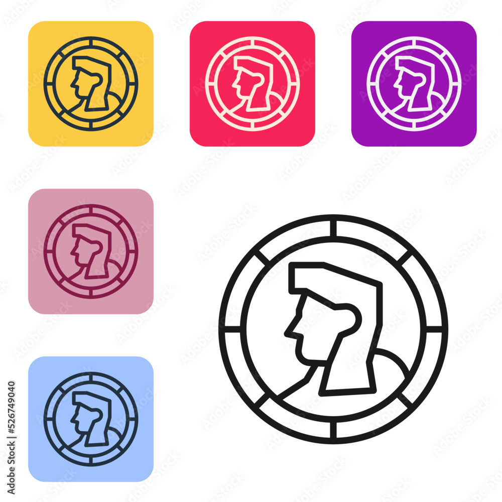Poster black line ancient coin icon isolated on white background. set icons in color square buttons. vector
