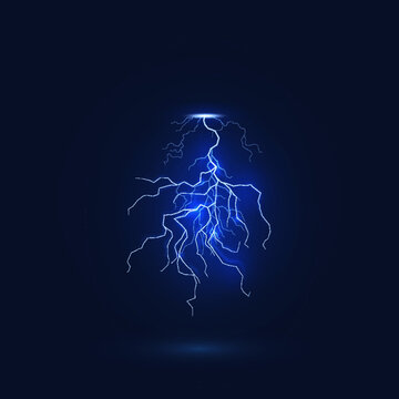 Thunderstorm lightning. Realistic stormy night sky with glowing thunderbolt lightning effects
