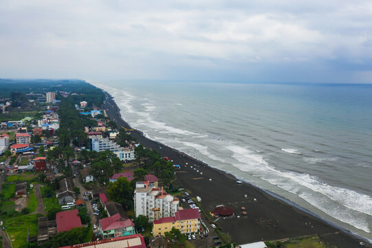 Hotels on the coastline with black sand in georgia. Magnetic sand on the beach in Magnetiti Batumi. Therapeutic boarding houses in the Ureki settlement for sick children