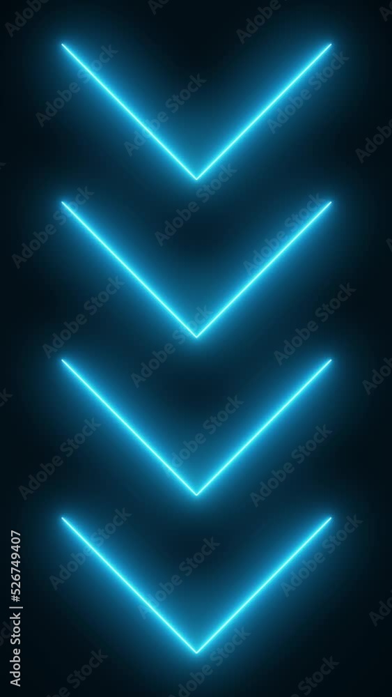Poster video animation of glowing neon arrows in blue - abstract background - seamless loop - vertical vide