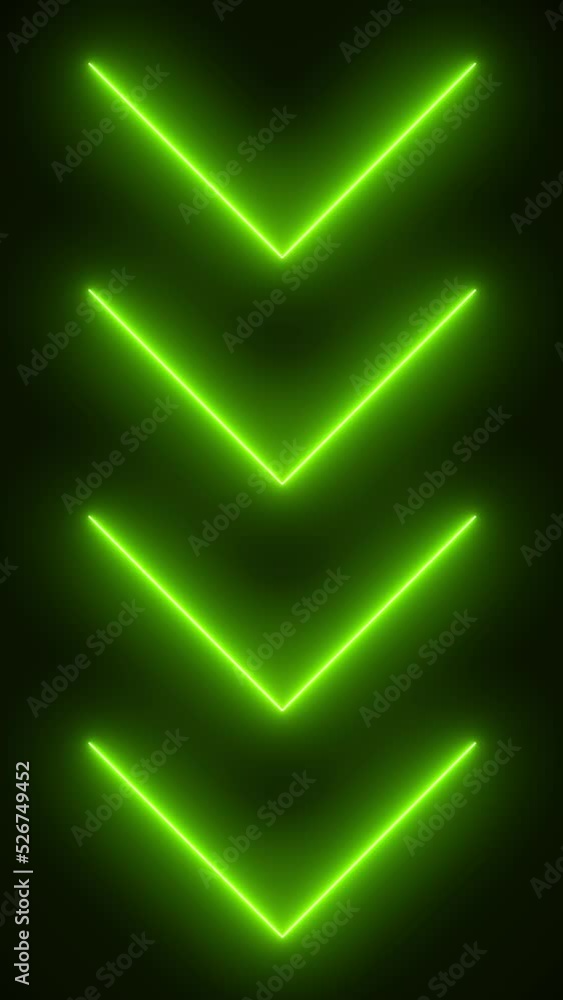 Poster video animation of glowing neon arrows in green - abstract background - seamless loop - vertical vid