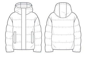 Unisex quilted padded Jacket technical fashion Illustration. Hooded crop puffer down Jacket technical drawing template, long sleeve, pocket, front and back view, white, women, men, unisex CAD mockup.