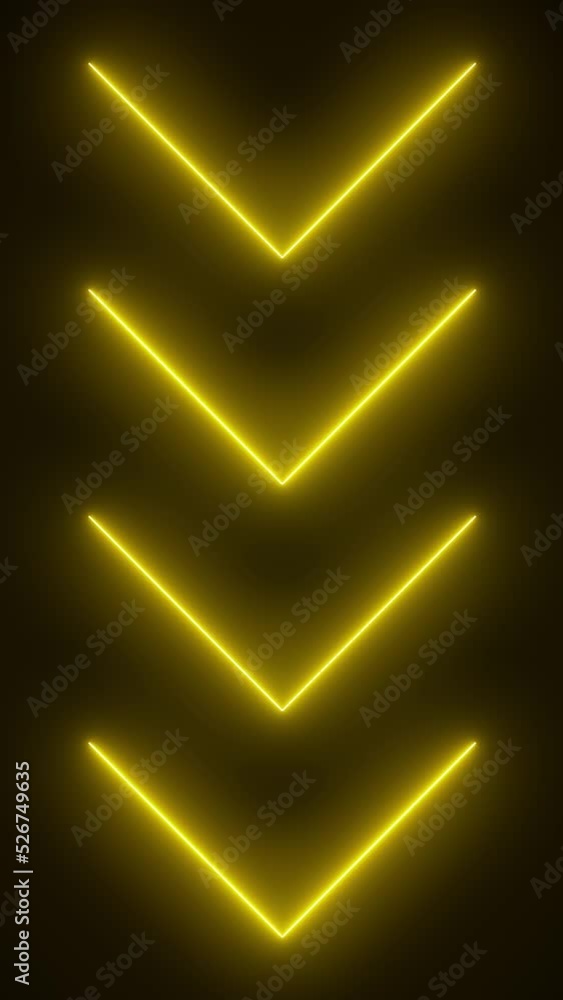 Poster video animation of glowing neon arrows in orange - abstract background - seamless loop - vertical vi