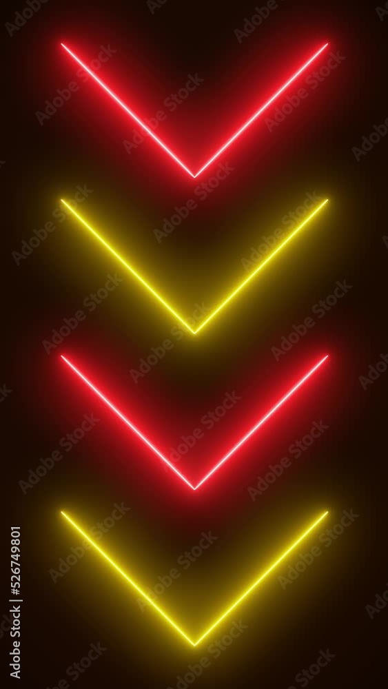 Poster video animation of glowing neon arrows in red and orange - abstract background - seamless loop - ver