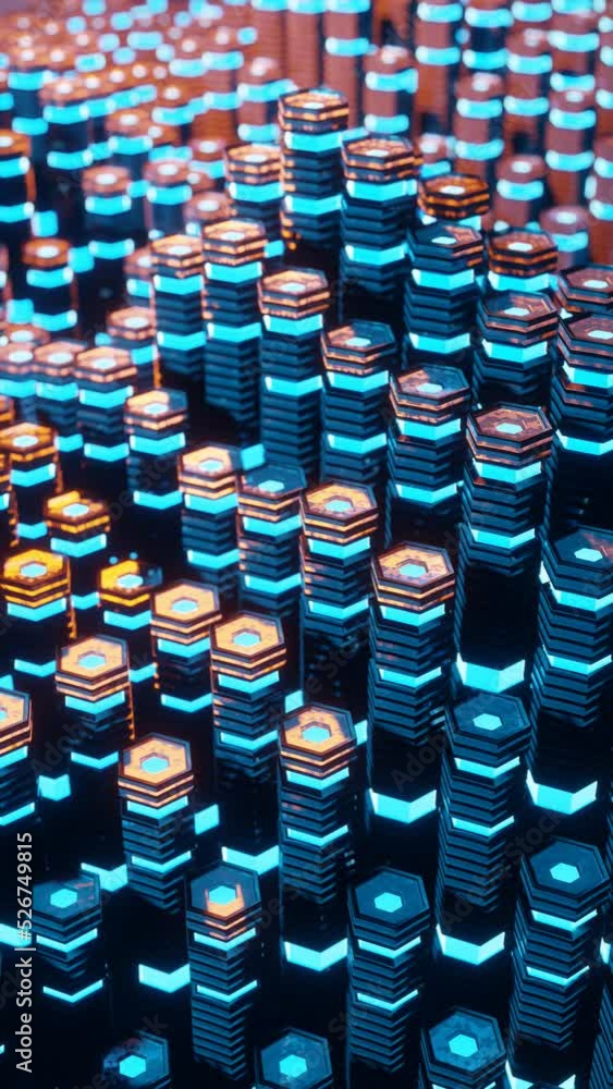 Poster Vertical 3D rendered loop video with moving hexagonal columns in neon glowing light background. Abstract blue and orange technologic seamless looped animation