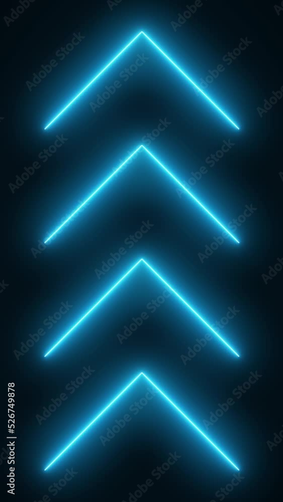 Poster video animation of glowing neon arrows in blue - abstract background - seamless loop - vertical vide