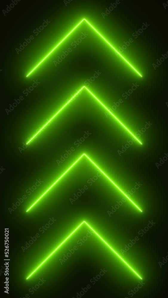 Poster video animation of glowing neon arrows in green - abstract background - seamless loop - vertical vid