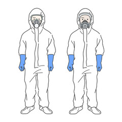 防護服を着用した作業員のイラスト　重装備　防毒マスク　防塵マスク　シューズカバー　グローブ　ゴーグル