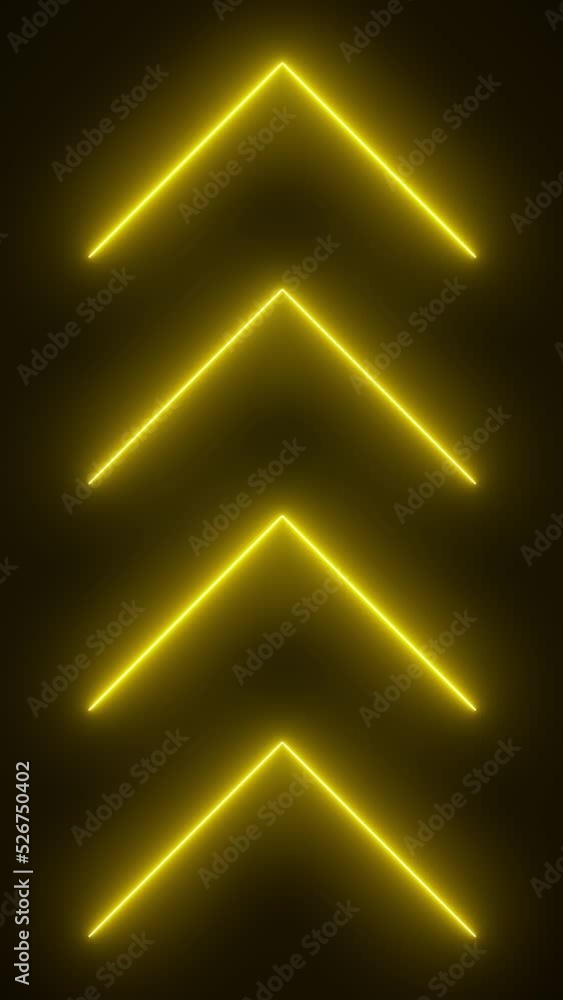 Poster video animation of glowing neon arrows in orange - abstract background - seamless loop - vertical vi