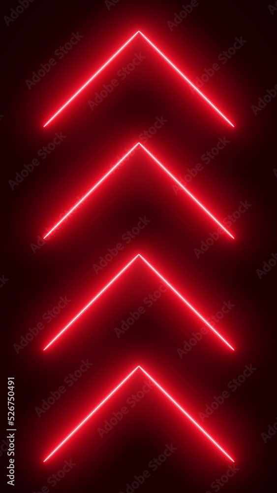 Poster video animation of glowing neon arrows in red - abstract background - seamless loop - vertical video