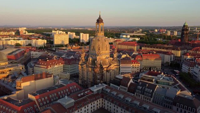Frauenkirche Dresden at Sunset (aerial)