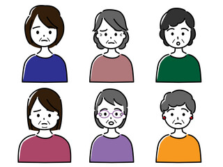 高齢女性・中年女性のバリエーション上半身セット（困る、怒る、驚くなどネガティブな表情）