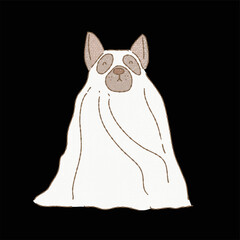 Dog cosplaying as ghost by using sheet. Puppy dressing up fancy costumes for Halloween party. 
 Hand drawn flat vector illustration in colored pencil texture style.