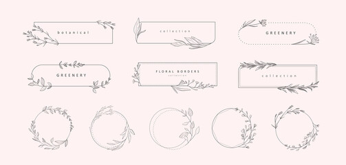 Set of floral desogn elements. Wreath borders branch and minimalist flowers. Hand drawn line wedding herb, elegant leaves for invitation save the date card. Botanical rustic trendy