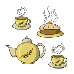 A set of autumn icons, a delicious pie with fruit filling, hot fragrant tea, vector cartoon