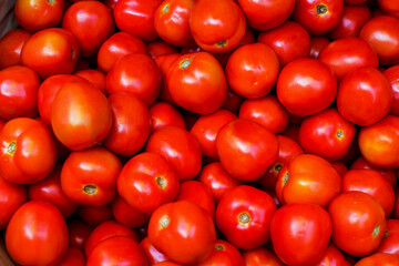 Top view of red tasty fresh tomatos in the market.