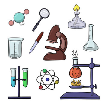 A large set of colored icons, chemical experiments with heating, vector cartoon