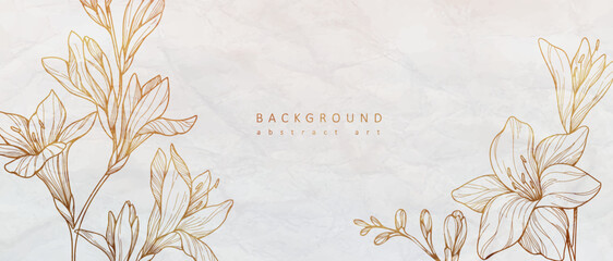 Botanical line bakground with flowers and leaves. Floral foliage for wedding invitation, wall art or card template. Vector illustration. Luxury rustic trendy art - obrazy, fototapety, plakaty
