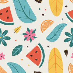 seamless pattern of cute summer beach doodle fruits vector illustration