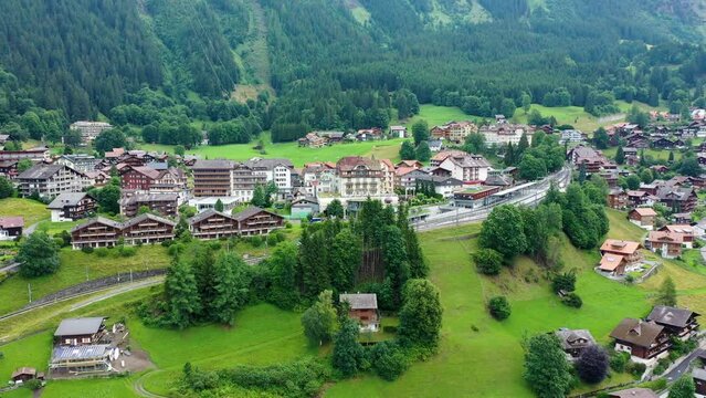 Townscape of village of Wengen on the edge of Lauterbrunnen Valley. Traditional local houses in Wengen village in the Interlaken district in the Bern canton of Switzerland.