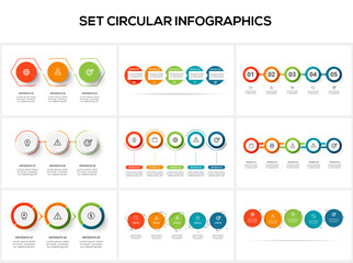 Set circular infographic with 3, 5 steps, options, parts or processes. Business data visualization.