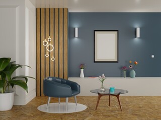 Living room interior in modern style with sofa and wooden texture wall background 3d render