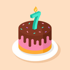 Birthday cake with number 7 candle. Seventh birthday vector illustration.
