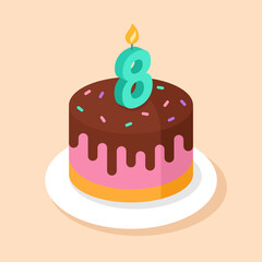 Birthday cake with number 8 candle. Eighth birthday vector illustration.