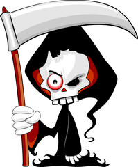 Grim Reaper Creepy Cartoon Character avec un manteau à capuche noir brandissant une grande faux.