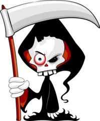 Tableaux ronds sur aluminium Dessiner Grim Reaper Creepy Cartoon Character avec un manteau à capuche noir brandissant une grande faux.