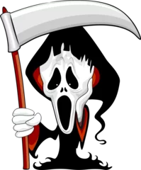 Tableaux ronds sur aluminium Dessiner Grim Reaper &quot The Scream&quot  Parody Cartoon Character with Black Hooded coat branding a Big Scythe, élément isolé